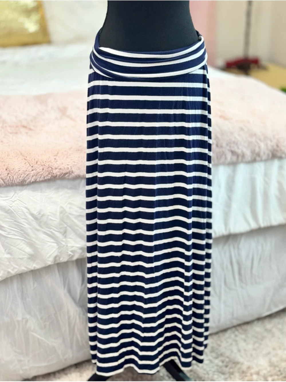 Navy White Striped Maxi Skirt Foldover Waist Stretch Casual S - Picture 4 of 4